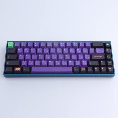 Teclas MyKeyboard Evangelion EVA 01 de perfil Cherry en PBT con diseño temático morado, verde y negro