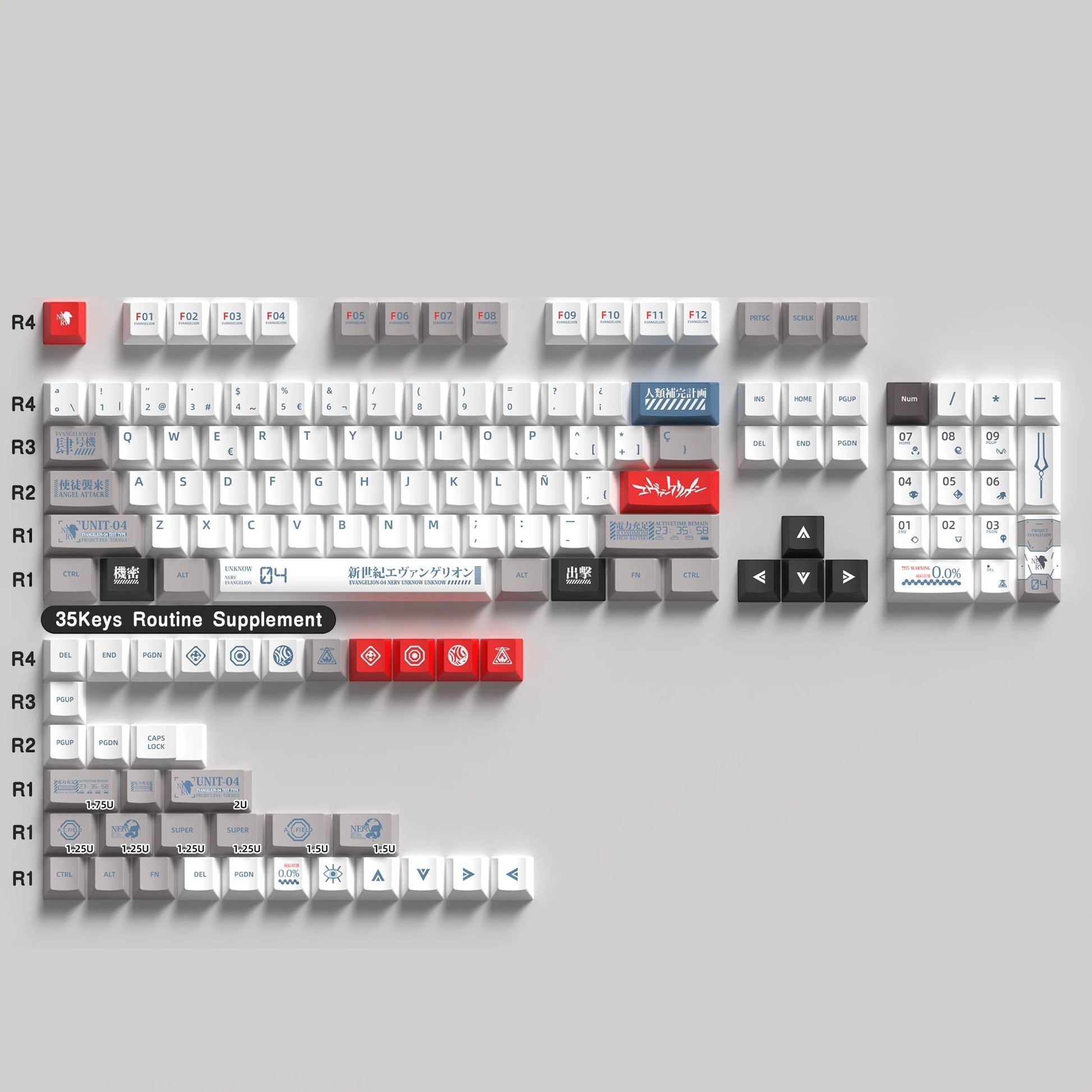 Set de 139 teclas MyKeyboard perfil Cherry de PBT con diseño temático Evangelion EVA 04 en blanco, gris y rojo