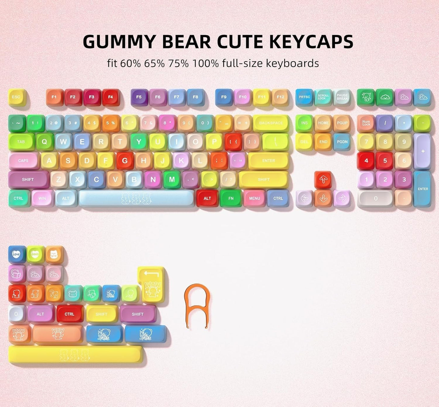 Set de 132 teclas MyKeyboard con diseño de ositos de goma, perfil MOA y sublimación térmica en colores pastel vibrantes.