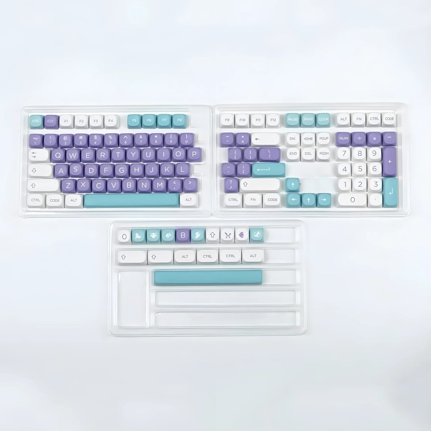 Set de 126 teclas MyKeyboard Mulan con perfil MOA en colores morado y turquesa, fabricadas en PBT sublimado.
