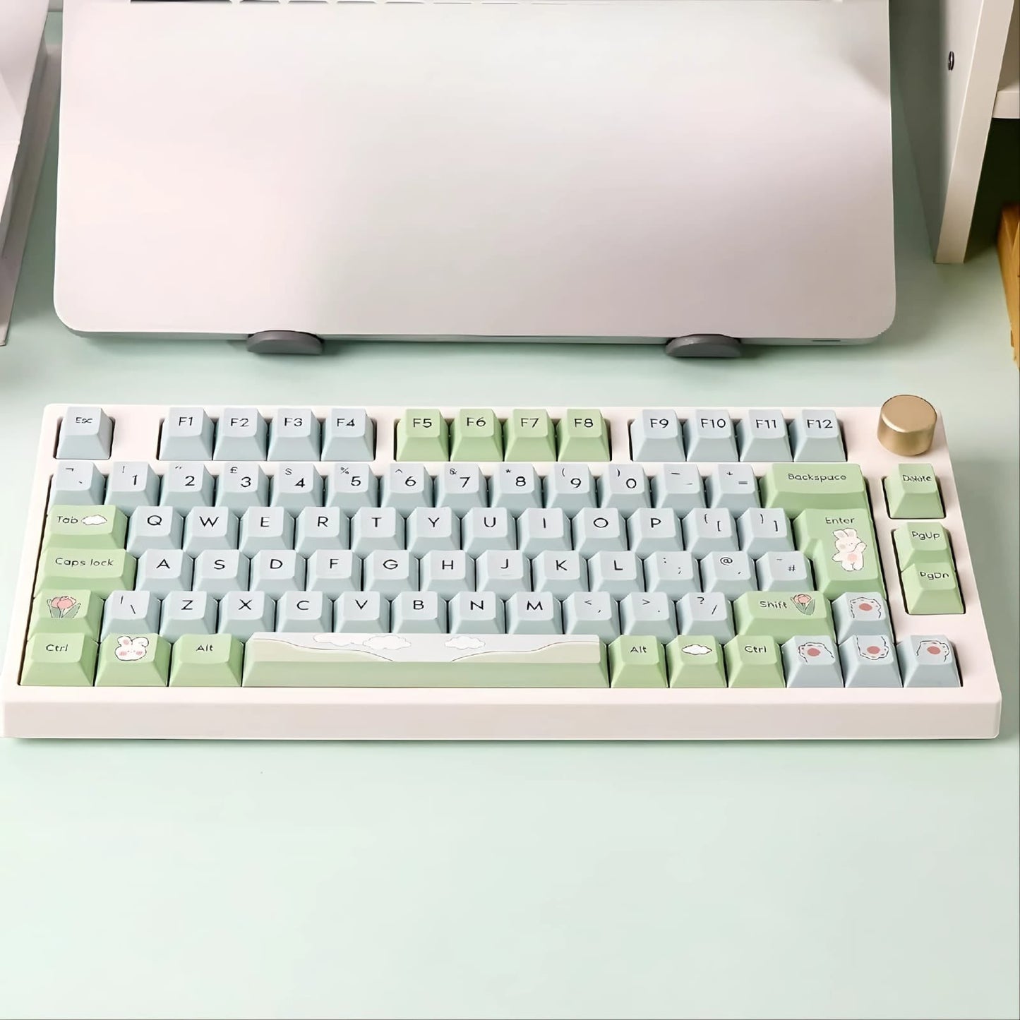 Set de teclas MyKeyboard Epomaker Alice's Adventure con perfil Cherry, fabricadas en PBT verde y blanco con ilustraciones