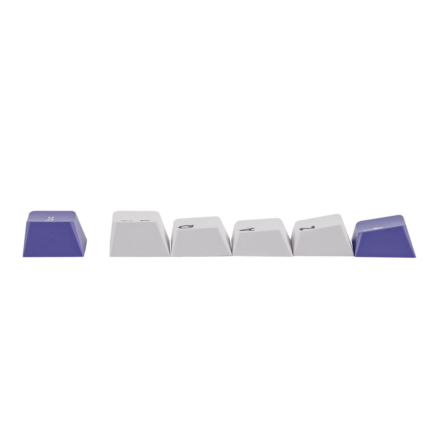 Teclas PBT perfil MDA de MyKeyboard para teclado mecánico, en colores blanco y morado sobre fondo negro.