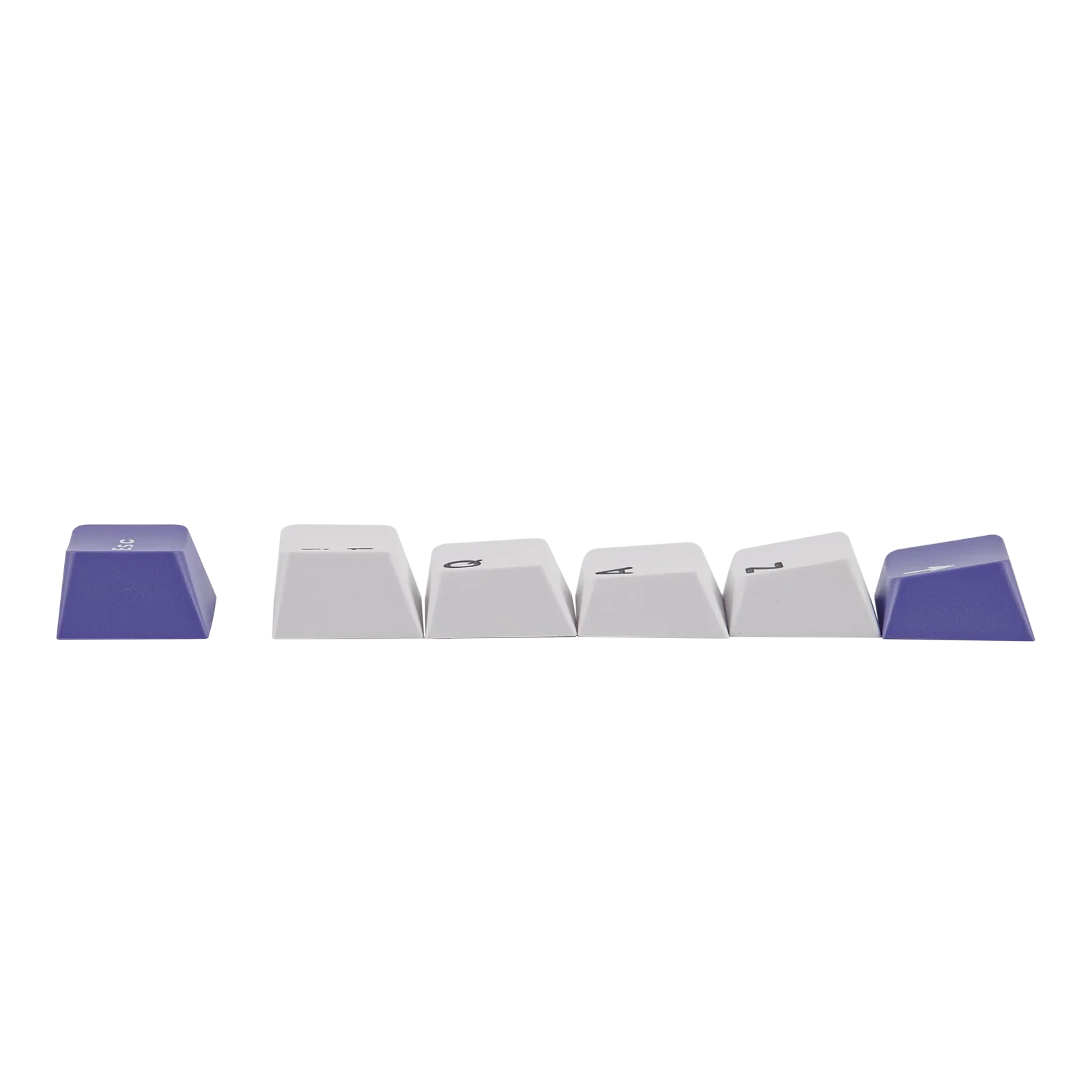 Teclas PBT perfil MDA de MyKeyboard para teclado mecánico, en colores blanco y morado sobre fondo negro.