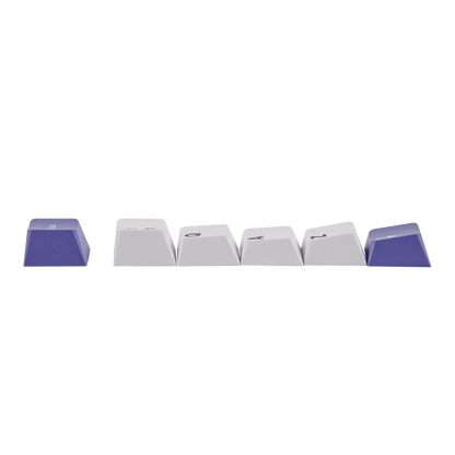 Teclas PBT perfil MDA de MyKeyboard para teclado mecánico, en colores blanco y morado sobre fondo negro.