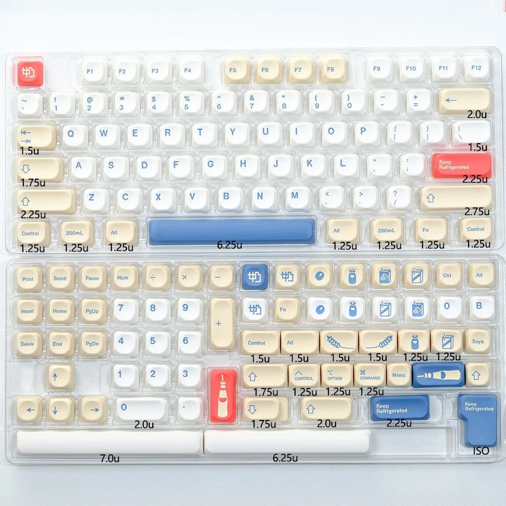 Set de 140 teclas MyKeyboard Soy Milk perfil KOA de PBT con diseño temático de leche de soja en tonos crema y azul