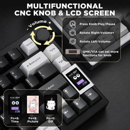 Teclado mecánico MyKeyboard YUNZII AL80 negro con pantalla LCD, perilla multifunción y teclas PBT de perfil Cherry