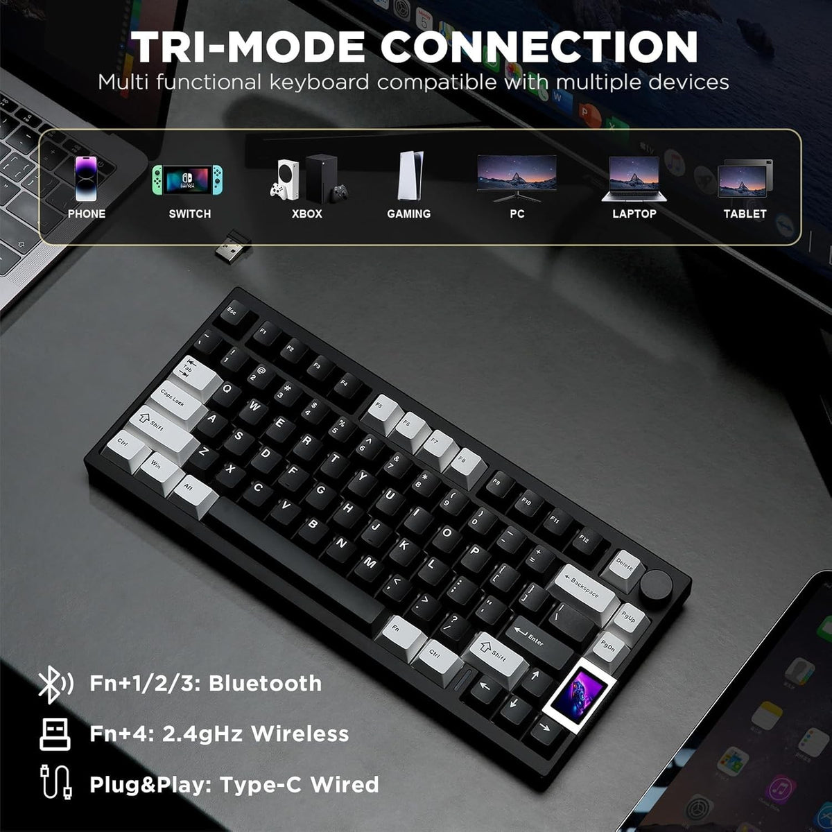 Teclado mecánico MyKeyboard YUNZII AL80 negro de 75% con pantalla LCD, teclas PBT y conectividad inalámbrica tri-modo