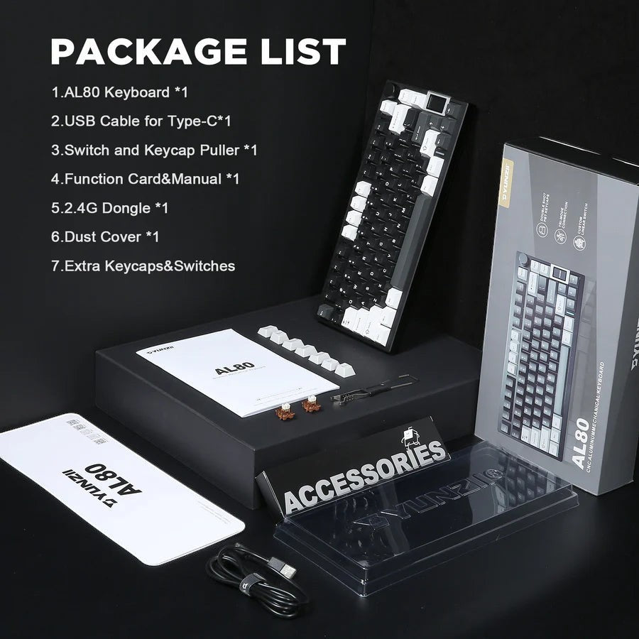Contenido del paquete del teclado mecánico MyKeyboard YUNZII AL80 negro con accesorios, cables y manuales