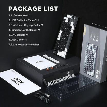 Contenido del paquete del teclado mecánico MyKeyboard YUNZII AL80 negro con accesorios, cables y manuales