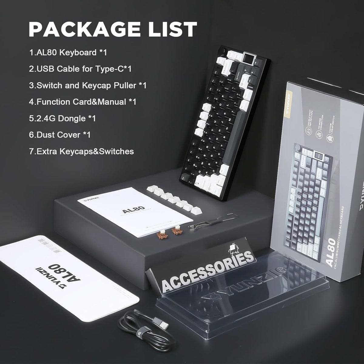 Teclado mecánico MyKeyboard YUNZII AL80 negro de 75% con accesorios, cable, manual y caja en una mesa de estudio