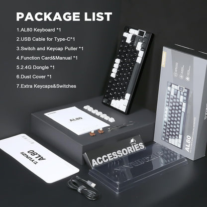 Teclado mecánico MyKeyboard YUNZII AL80 negro de 75% con accesorios, cable, manual y caja en una mesa de estudio