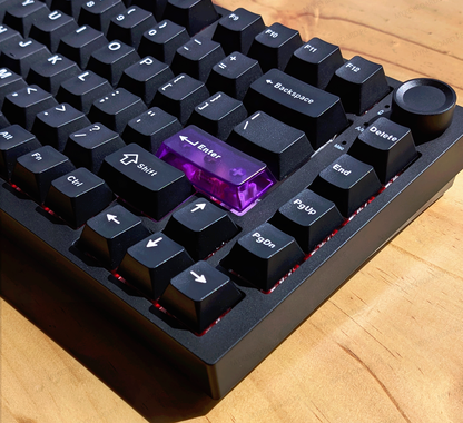 Vista lateral del teclado gamer YUNZII RT75 Pro en MyKeyboard mostrando el perfil Cherry de las teclas y el ángulo ergonómico del chasis.