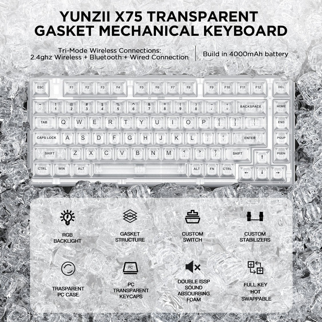 Teclado mecánico MyKeyboard YUNZII X75 Pro transparente con diseño gasket-mount, retroiluminación RGB y teclas cristal