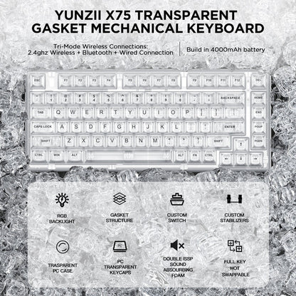 Teclado mecánico MyKeyboard YUNZII X75 Pro transparente con diseño gasket-mount, retroiluminación RGB y teclas cristal