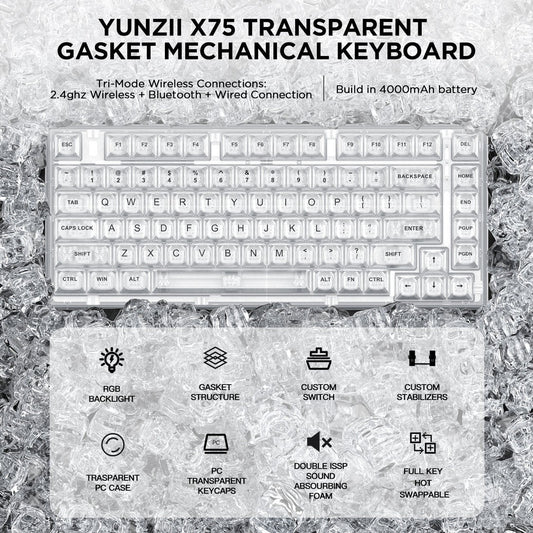 Teclado mecánico MyKeyboard YUNZII X75 Pro transparente con diseño gasket-mount, retroiluminación RGB y teclas cristal