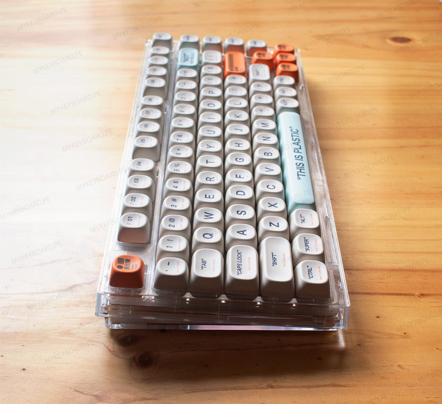 Teclado mecánico MyKeyboard YUNZII X75 Pro con diseño 75%, teclas PBT This Is Plastic y carcasa transparente.